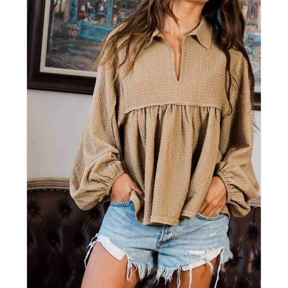 BUCKETLIST Tops - NEW BUCKETLIST ramona collared split neck pleating top in beige